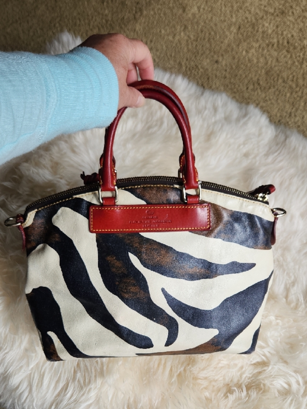Vtg Dooney & Bourke Zebra-Print Satchel with Red Leather Accents Rehab Bag - Picture 3 of 13
